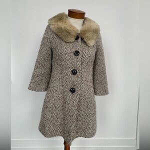Tabitha Brown Herringbone Pea Coat with Faux Fur Collar